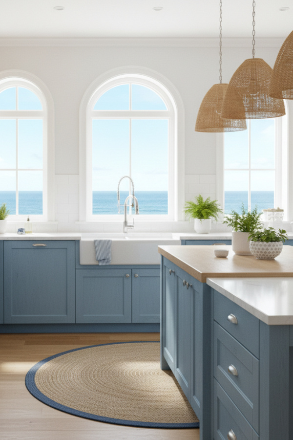 Kitchen Cabinets, Dusty Blue Lower Light Wood Upper, Soft Contrast Combo, Bright Coastal Kitchen Kitchen Cabinets, Dusty Blue Lower Light Wood Upper, Soft Contrast Combo, Bright Coastal Kitchen