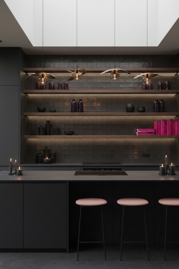 Kitchen Cabinets, Charcoal Black Cabinetry Walnut Open Shelving, Dark Wood Combo, Vibrant Modern Kitchen Kitchen Cabinets, Charcoal Black Cabinetry Walnut Open Shelving, Dark Wood Combo, Vibrant Modern Kitchen