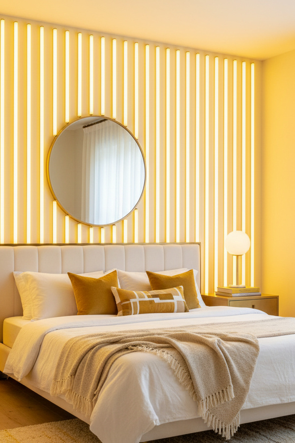 Electric Yellow LED Tubes Mounted Vertically On Bedroom Accent Wall Electric Yellow LED Tubes Mounted Vertically On Bedroom Accent Wall