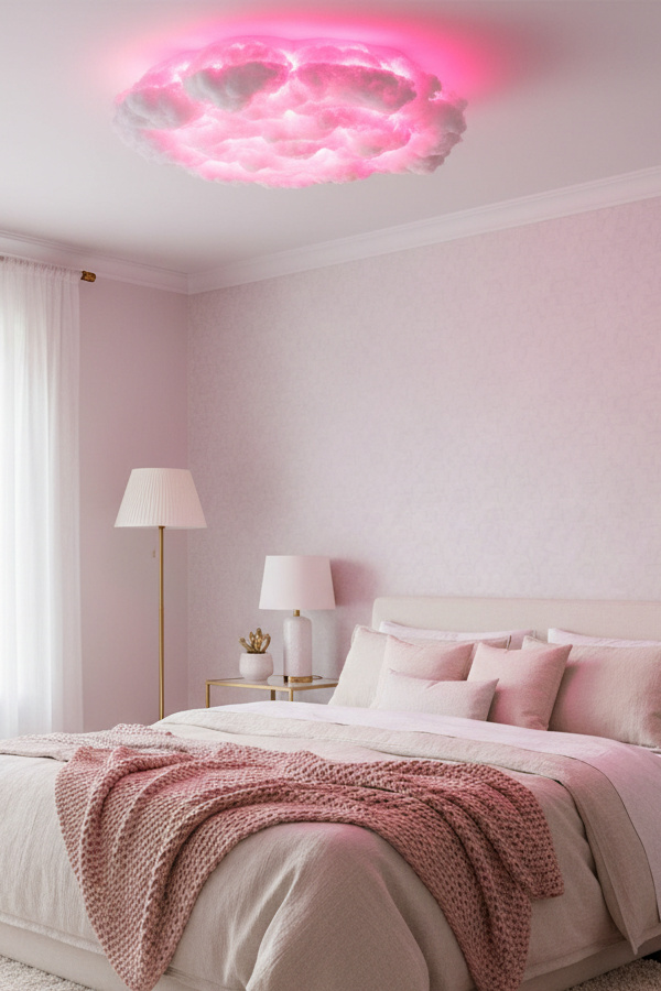 Fuchsia Pink LED Cloud Light Fixture On Bedroom Ceiling Fuchsia Pink LED Cloud Light Fixture On Bedroom Ceiling