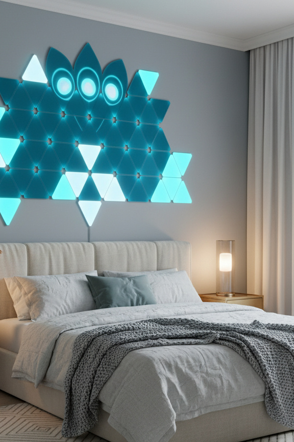 Peacock Teal LED Light Panels In Geometric Bedroom Wall Arrangement Peacock Teal LED Light Panels In Geometric Bedroom Wall Arrangement
