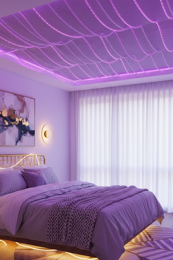 Lavender Purple LED Rope Lights Draped Along Bedroom Ceiling Perimeter Lavender Purple LED Rope Lights Draped Along Bedroom Ceiling Perimeter