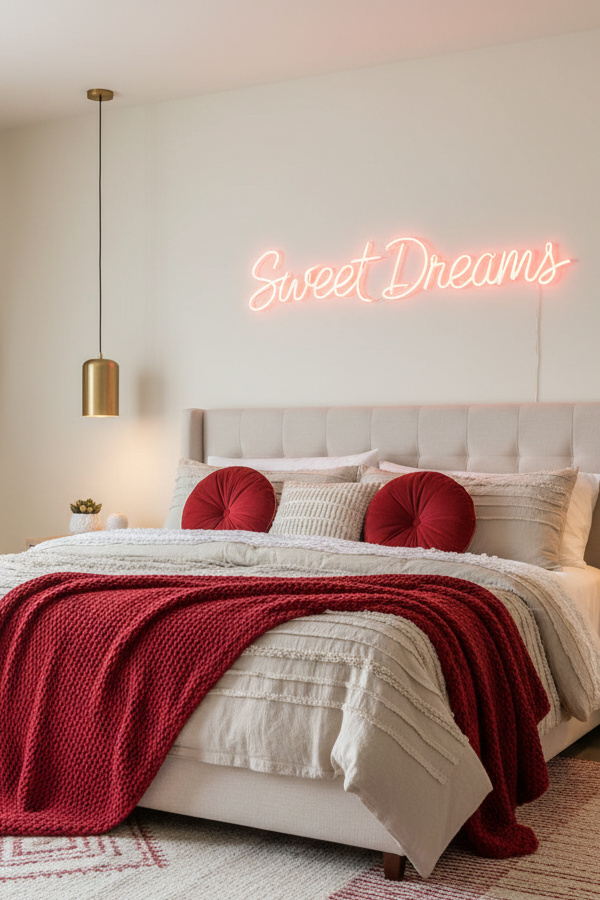 Coral Pink LED Neon Sign Mounted Above Bedroom Bed Coral Pink LED Neon Sign Mounted Above Bedroom Bed