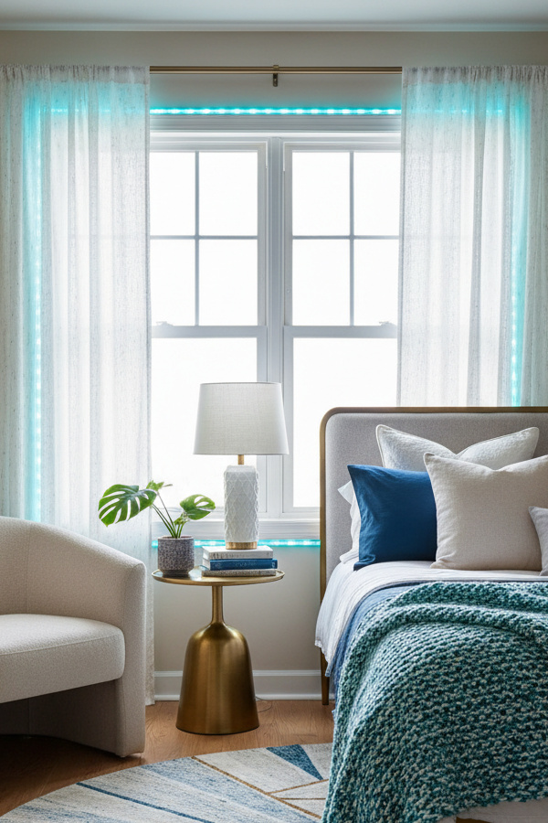 Turquoise Blue LED Tape Lights Outlining Bedroom Window Frame Turquoise Blue LED Tape Lights Outlining Bedroom Window Frame