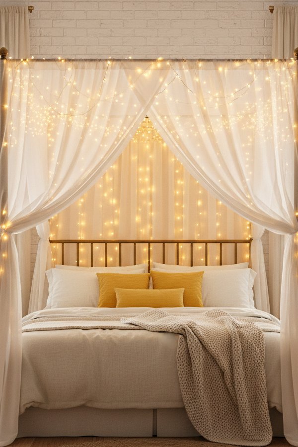 LED String Lights Woven Through Bedroom Canopy Above Bed LED String Lights Woven Through Bedroom Canopy Above Bed