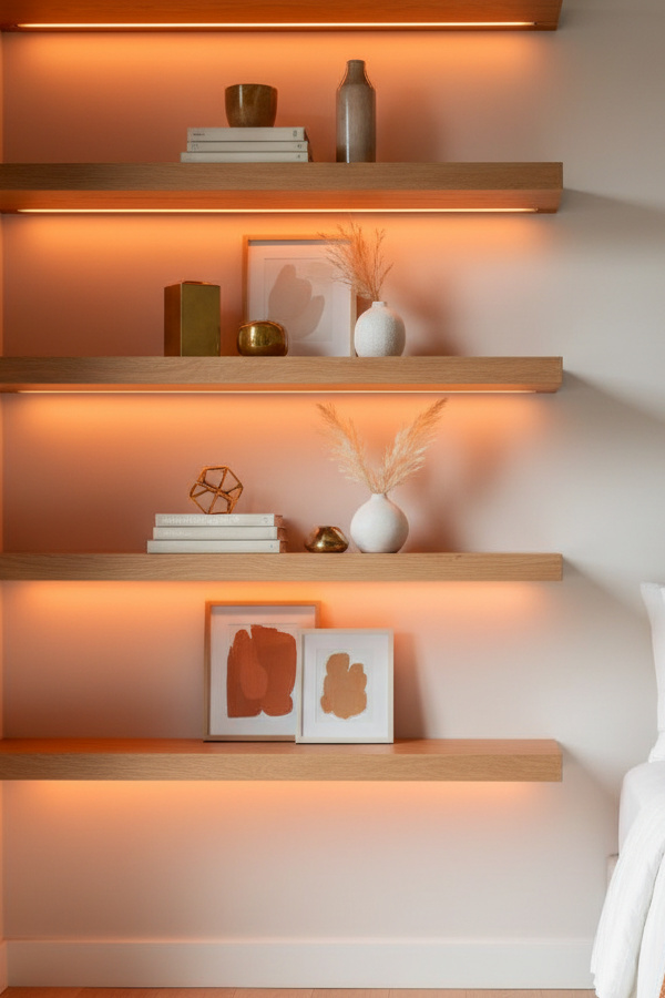 Sunset Orange LED Strip Behind Floating Bedroom Shelves Sunset Orange LED Strip Behind Floating Bedroom Shelves