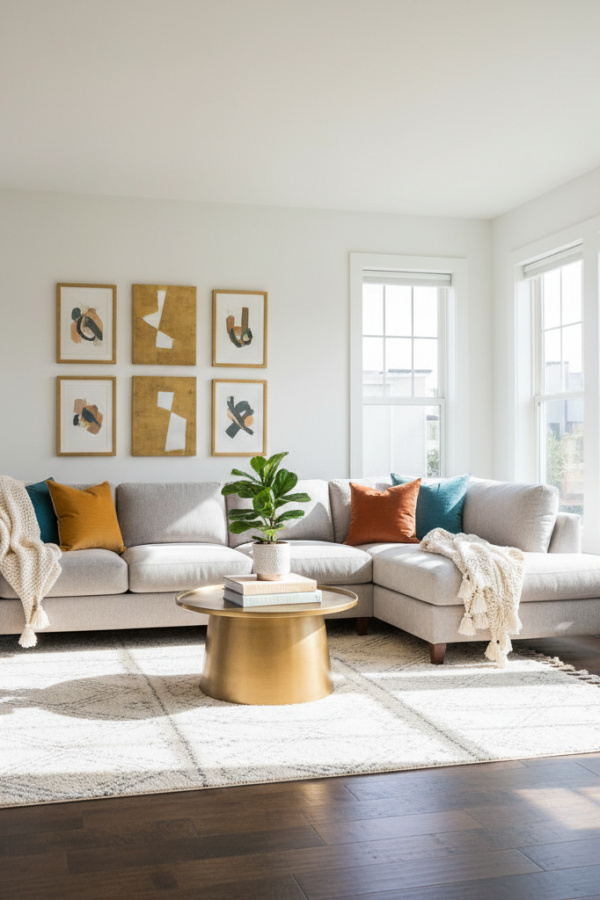 Living Room Dark Wood Floor, Light Gray Sofa, White Walls, Single Cream Area Rug, Bright Modern Space Living Room Dark Wood Floor, Light Gray Sofa, White Walls, Single Cream Area Rug, Bright Modern Space