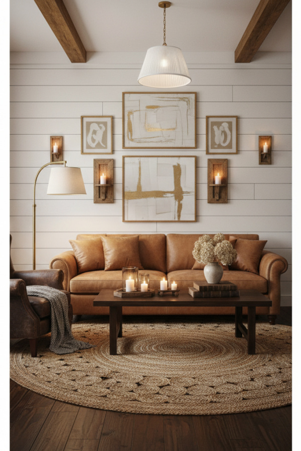 Living Room Dark Wood Floor, Tan Leather Sofa, White Shiplap Wall, Single Jute Rug, Bright Modern Farmhouse Space Living Room Dark Wood Floor, Tan Leather Sofa, White Shiplap Wall, Single Jute Rug, Bright Modern Farmhouse Space