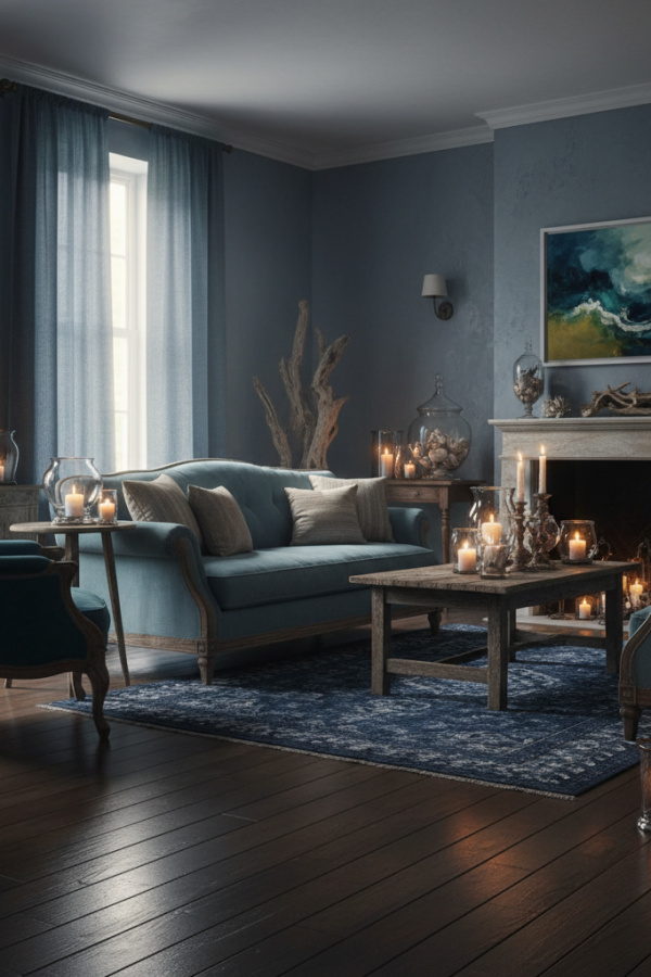 Living Room Dark Wood Floor, Light Blue Sofa, White Walls, Three Neutral Pillows, Sunlit Fresh Space Living Room Dark Wood Floor, Light Blue Sofa, White Walls, Three Neutral Pillows, Sunlit Fresh Space