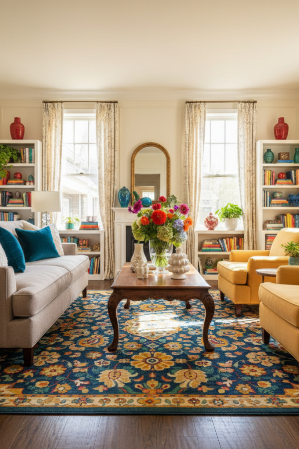 Living Room Dark Wood Floor, Warm Gray Sofa, Cream Walls, Single Patterned Rug, Vibrant Transitional Space Living Room Dark Wood Floor, Warm Gray Sofa, Cream Walls, Single Patterned Rug, Vibrant Transitional Space