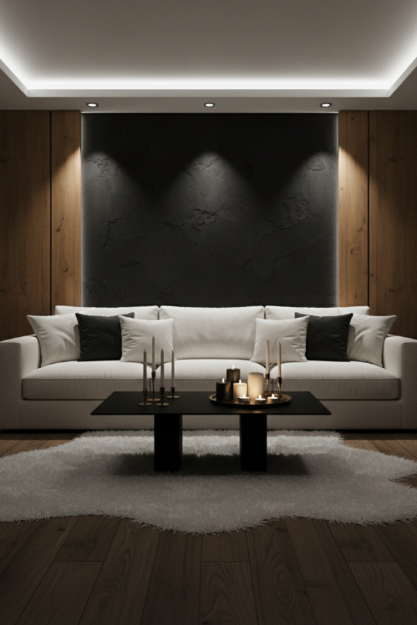 Living Room Dark Wood Floor, White Sofa, Black Accent Wall, Single White Shag Rug, Bright Dramatic Space Living Room Dark Wood Floor, White Sofa, Black Accent Wall, Single White Shag Rug, Bright Dramatic Space