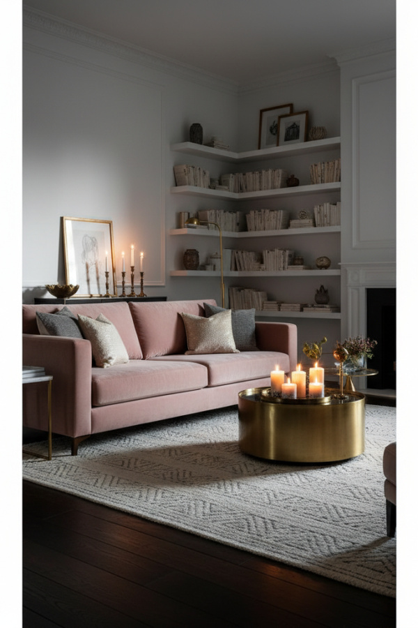 Living Room Dark Wood Floor, Blush Pink Sofa, White Walls, Single Neutral Rug, Sunlit Feminine Modern Space Living Room Dark Wood Floor, Blush Pink Sofa, White Walls, Single Neutral Rug, Sunlit Feminine Modern Space