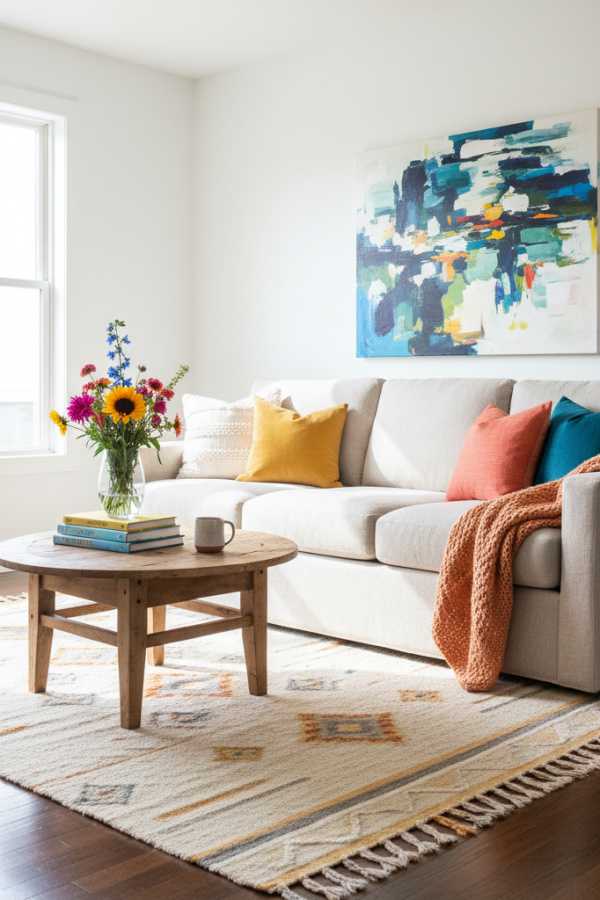 Living Room Dark Wood Floor, Oatmeal Linen Sofa, Soft White Walls, Natural Wool Rug, Vibrant Cozy Space Living Room Dark Wood Floor, Oatmeal Linen Sofa, Soft White Walls, Natural Wool Rug, Vibrant Cozy Space