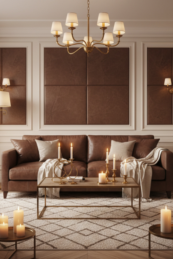 Living Room Dark Wood Floor, Chocolate Brown Leather Sofa, Cream Walls, Single Area Rug, Bright Sophisticated Space Living Room Dark Wood Floor, Chocolate Brown Leather Sofa, Cream Walls, Single Area Rug, Bright Sophisticated Space