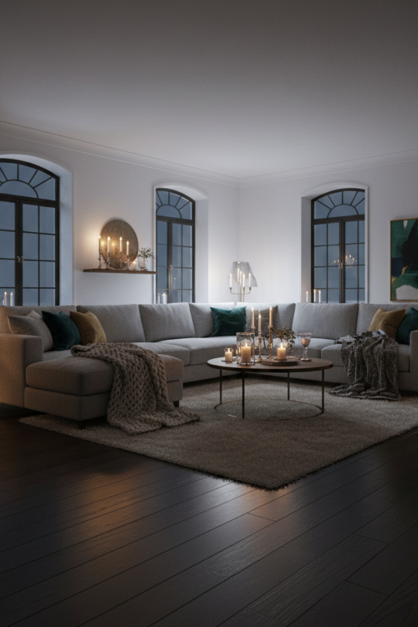 Living Room Dark Wood Floor, Light Gray Sectional, White Walls, Two Textured Throw Blankets, Sunlit Contemporary Space Living Room Dark Wood Floor, Light Gray Sectional, White Walls, Two Textured Throw Blankets, Sunlit Contemporary Space