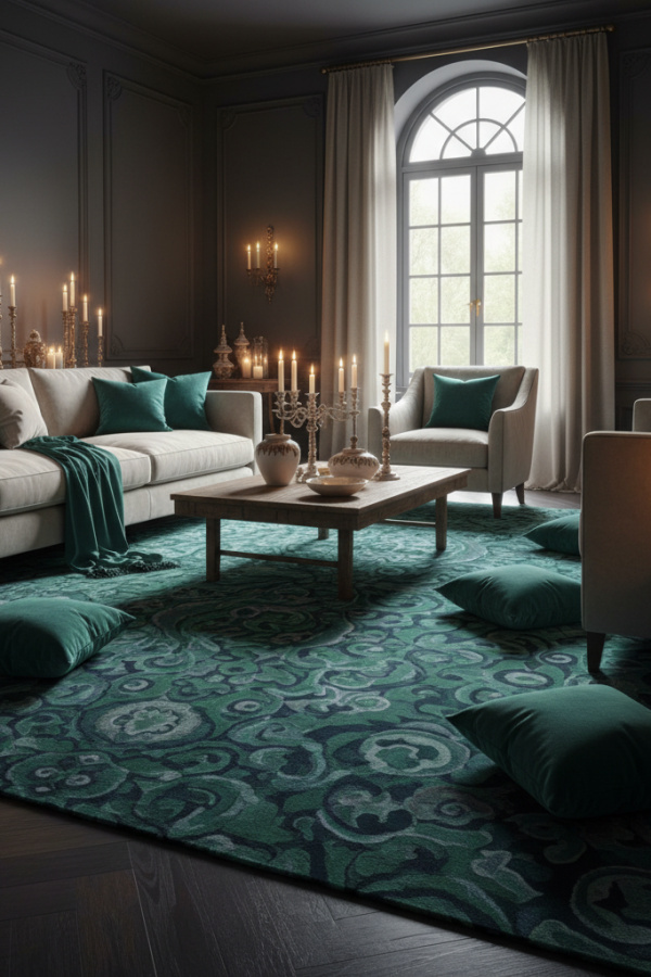 Living Room Dark Wood Floor, Cream Velvet Sofa, Pale Gray Walls, Single Oversized Rug, Vibrant Luxe Space Living Room Dark Wood Floor, Cream Velvet Sofa, Pale Gray Walls, Single Oversized Rug, Vibrant Luxe Space