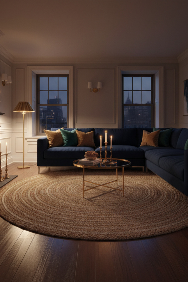 Living Room Dark Wood Floor, Navy Blue Sectional, White Trim, Natural Jute Rug, Sunlit Contemporary Space Living Room Dark Wood Floor, Navy Blue Sectional, White Trim, Natural Jute Rug, Sunlit Contemporary Space