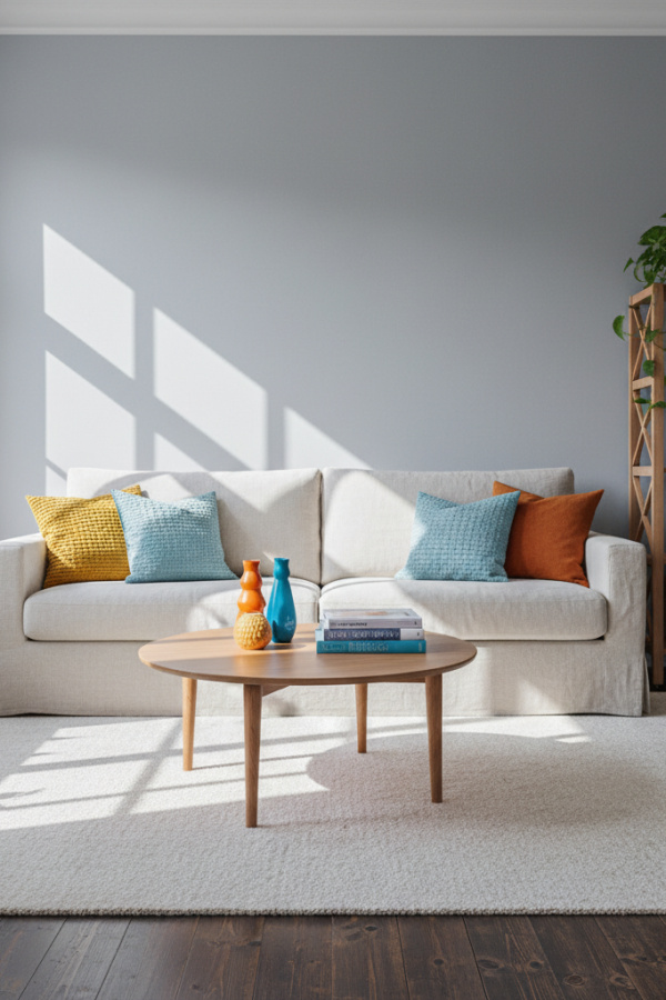 Living Room Dark Wood Floor, Cream Linen Sofa, Soft Gray Walls, Three Textured Pillows, Vibrant Scandinavian Space Living Room Dark Wood Floor, Cream Linen Sofa, Soft Gray Walls, Three Textured Pillows, Vibrant Scandinavian Space