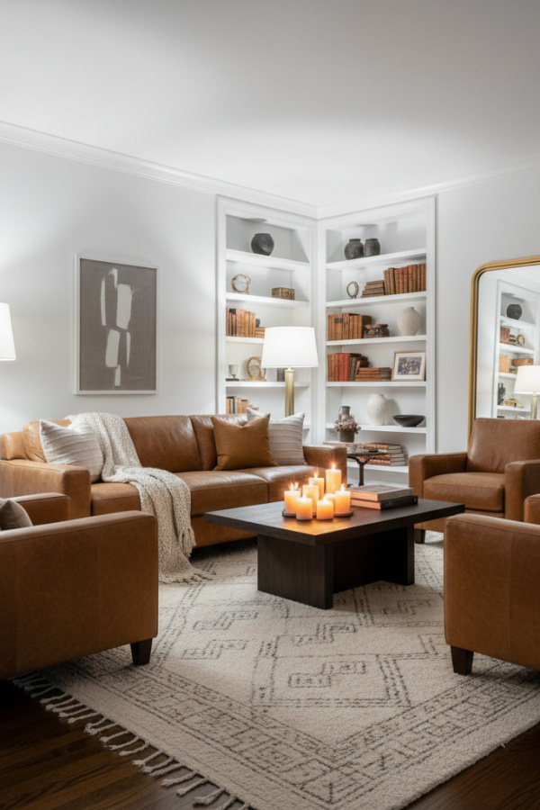 Living Room Dark Wood Floor, Camel Leather Sofa, White Walls, Single Neutral Rug, Bright Mid-Century Modern Space Living Room Dark Wood Floor, Camel Leather Sofa, White Walls, Single Neutral Rug, Bright Mid-Century Modern Space