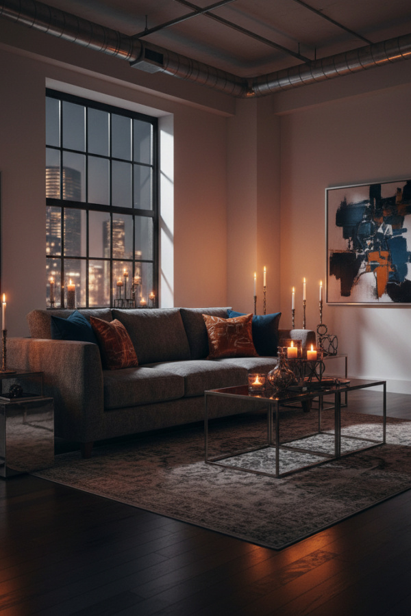 Living Room Dark Wood Floor, Charcoal Gray Sofa, White Walls, Two Metallic Accent Tables, Vibrant Industrial Space Living Room Dark Wood Floor, Charcoal Gray Sofa, White Walls, Two Metallic Accent Tables, Vibrant Industrial Space