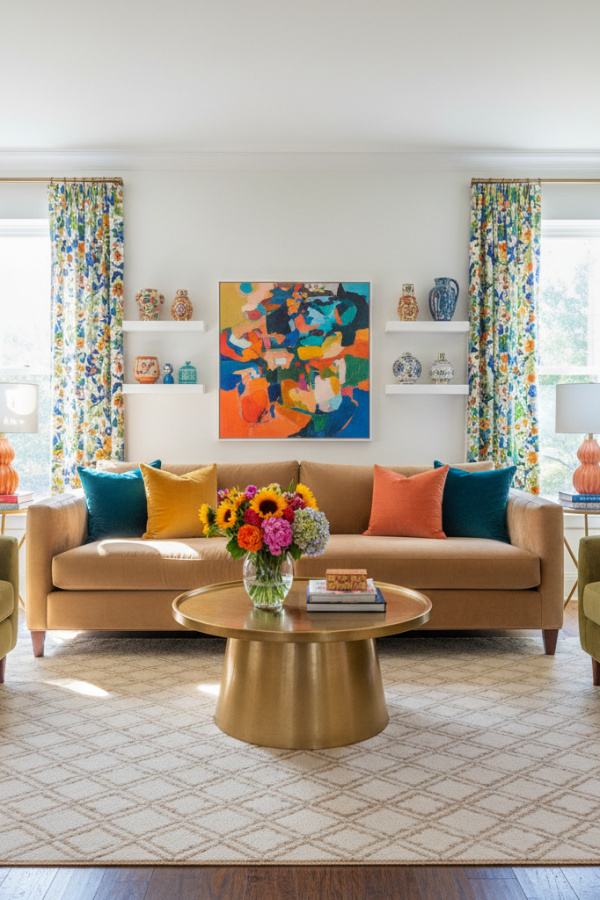 Living Room Dark Wood Floor, Beige Velvet Sofa, Warm White Walls, Single Large Area Rug, Bright Elegant Space Living Room Dark Wood Floor, Beige Velvet Sofa, Warm White Walls, Single Large Area Rug, Bright Elegant Space