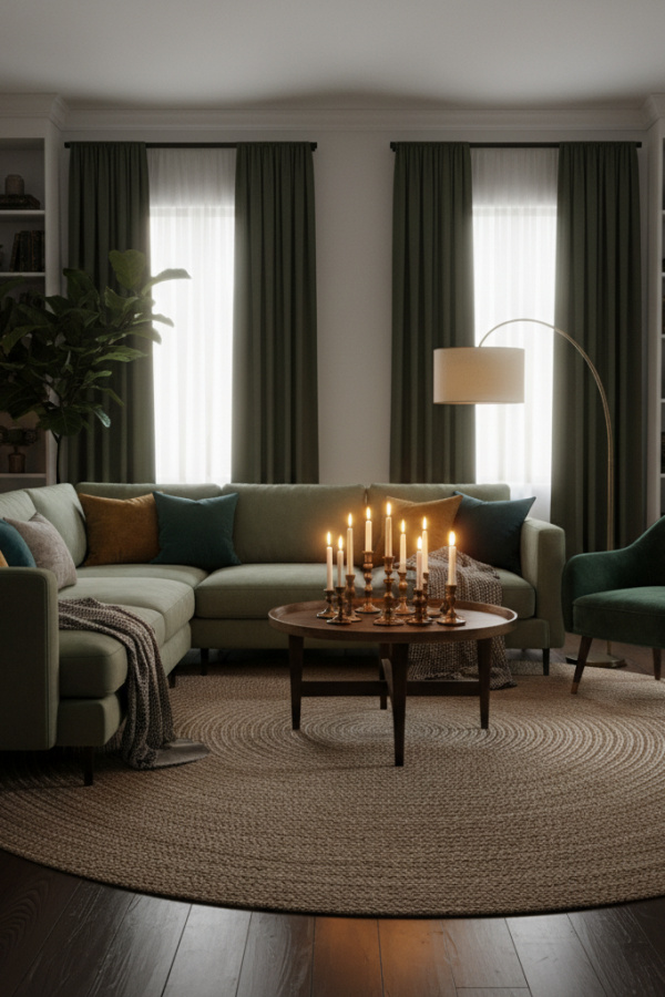 Living Room Dark Wood Floor, Sage Green Sofa, White Walls, Natural Fiber Rug, Sunlit Organic Modern Space Living Room Dark Wood Floor, Sage Green Sofa, White Walls, Natural Fiber Rug, Sunlit Organic Modern Space