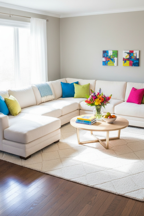 Living Room Dark Wood Floor, Ivory Sectional, Light Gray Walls, Single Cream Rug, Vibrant Minimalist Space Living Room Dark Wood Floor, Ivory Sectional, Light Gray Walls, Single Cream Rug, Vibrant Minimalist Space
