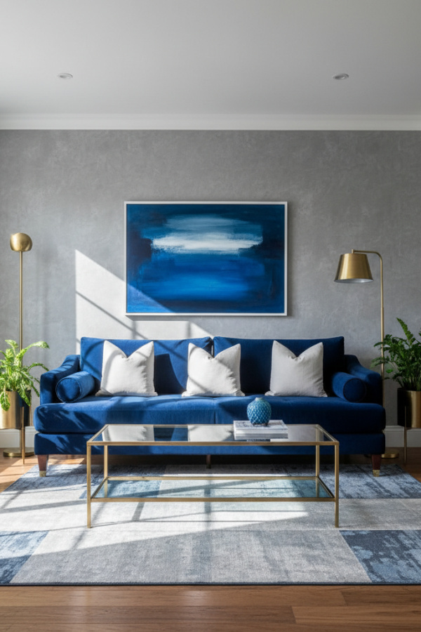 Living Room Couch, Navy Blue Velvet Sofa, Three White Throw Pillows, Gray Walls, Bright Modern Space