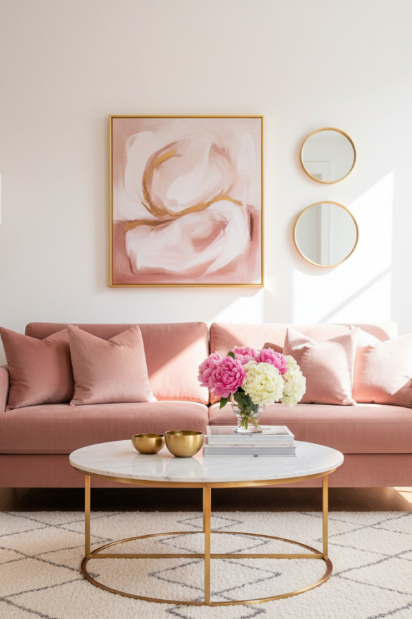 Living Room Couch, Dusty Rose Velvet Sofa, Three Blush Pillows, White Walls, Bright Feminine Modern Space