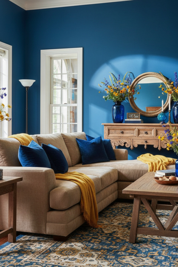 Living Room Couch, Tan Linen Sectional, Two Navy Pillows, Wood Accents, Sunlit Transitional Space