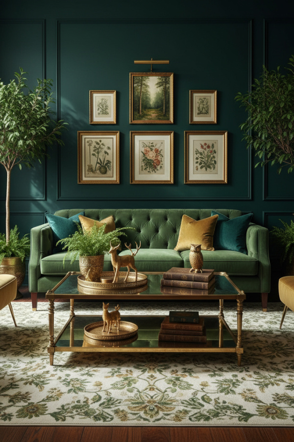 Living Room Couch, Forest Green Velvet Chesterfield, Three Brass Nailheads, Dark Walls, Vibrant Traditional Space