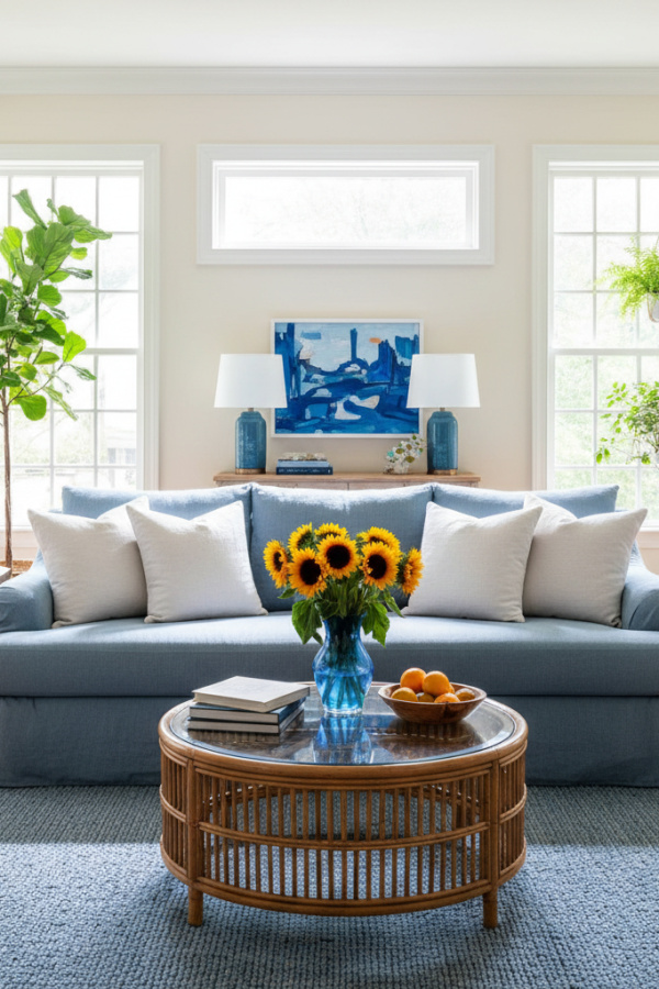 Living Room Couch, Light Blue Linen Sofa, Four White Pillows, Natural Wood Floor, Bright Airy Space