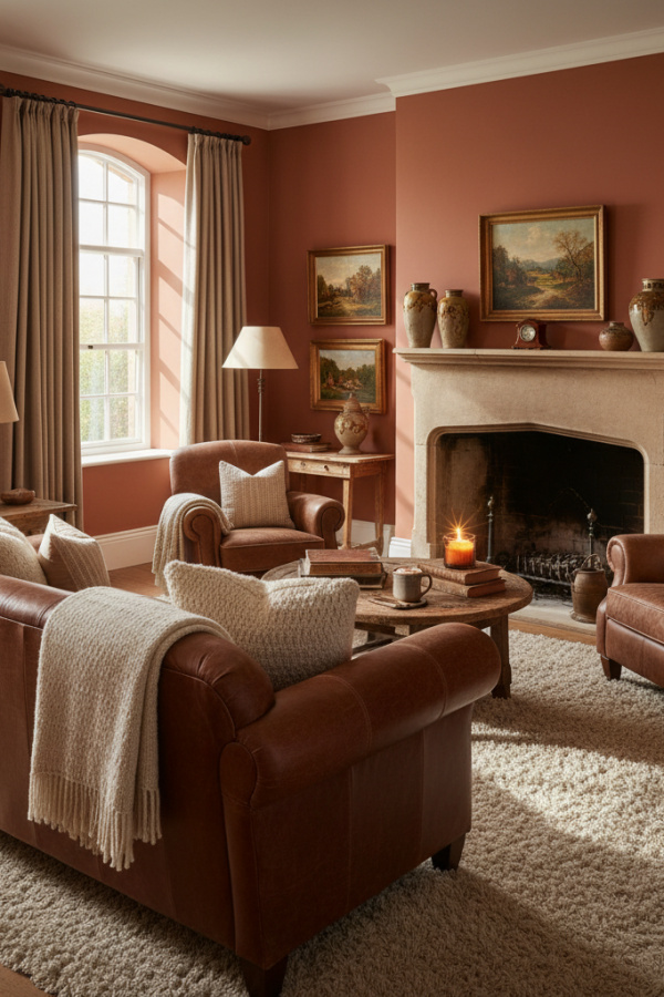 Living Room Couch, Chocolate Brown Leather Sofa, Two Cream Pillows, Warm Walls, Sunlit Rustic Space