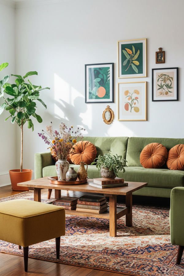 Living Room Couch, Sage Green Velvet Sofa, Three Terracotta Pillows, White Walls, Vibrant Eclectic Space