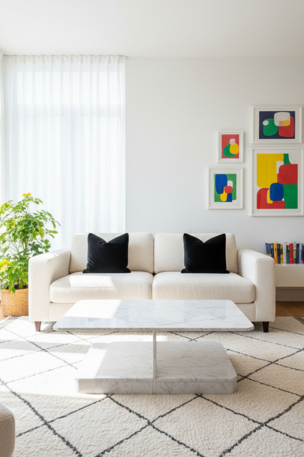 Living Room Couch, Ivory Bouclé Sofa, Two Black Pillows, Marble Coffee Table, Bright Contemporary Space