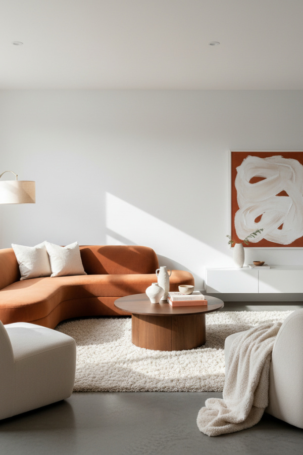 Living Room Couch, Terracotta Velvet Sectional, Three Cream Pillows, White Walls, Sunlit Warm Modern Space