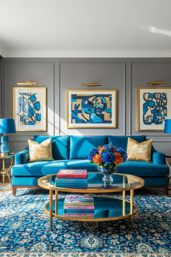 Living Room Couch, Teal Blue Velvet Sofa, Two Gold Pillows, Gray Walls, Vibrant Glam Space