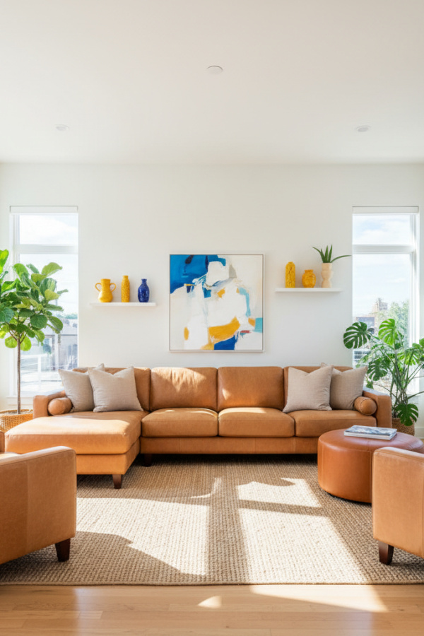 Living Room Couch, Camel Leather Sectional, Two Beige Cushions, White Walls, Sunlit Contemporary Space