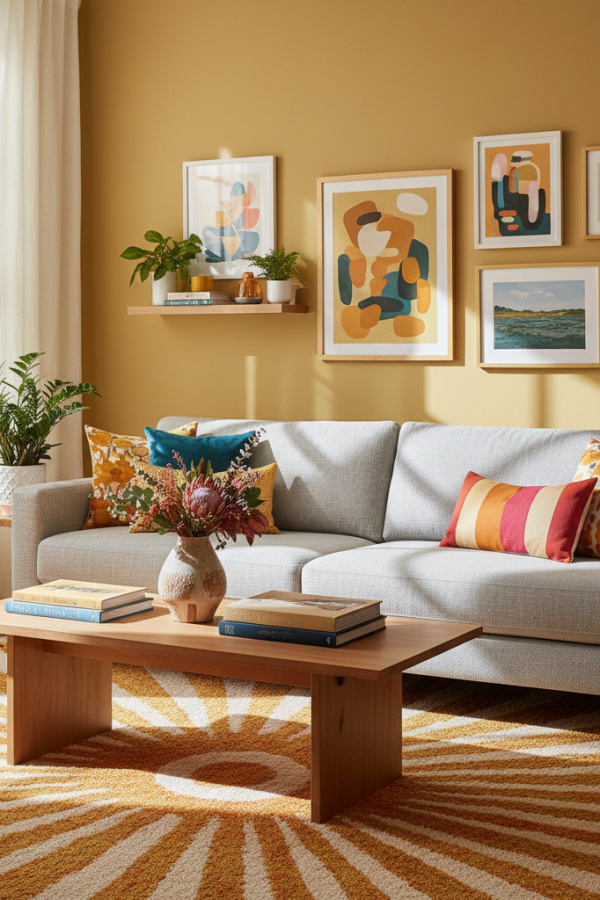 Living Room Couch, Light Gray Linen Sofa, Four Patterned Pillows, Wood Coffee Table, Vibrant Scandinavian Space