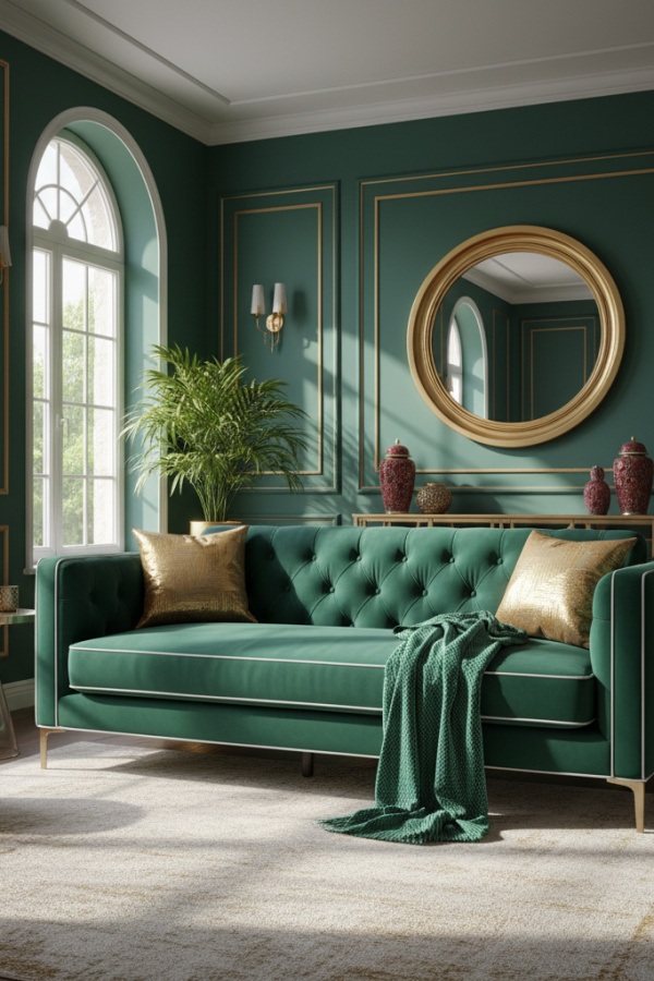 Living Room Couch, Emerald Green Velvet Sofa, Two Gold Accent Pillows, White Trim, Bright Luxe Space