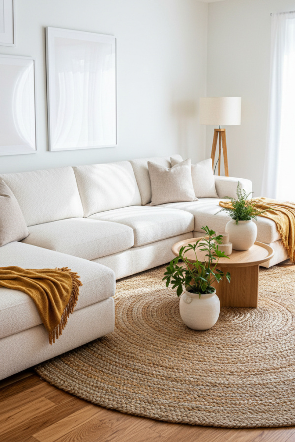 Living Room Couch, Cream Boucle Sectional, Three Neutral Pillows, Natural Rug, Sunlit Organic Modern Space