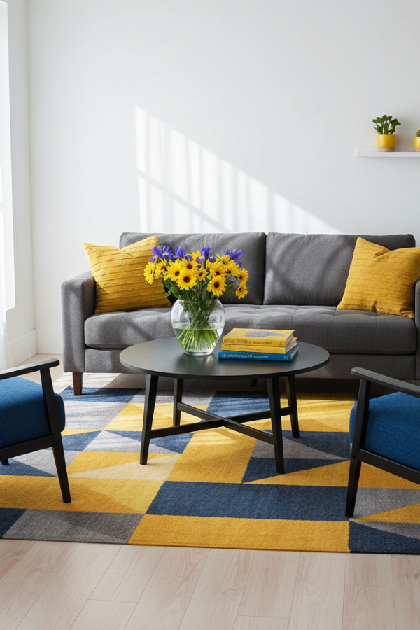 Living Room Couch, Charcoal Gray Sofa, Two Mustard Yellow Pillows, White Walls, Vibrant Minimalist Space