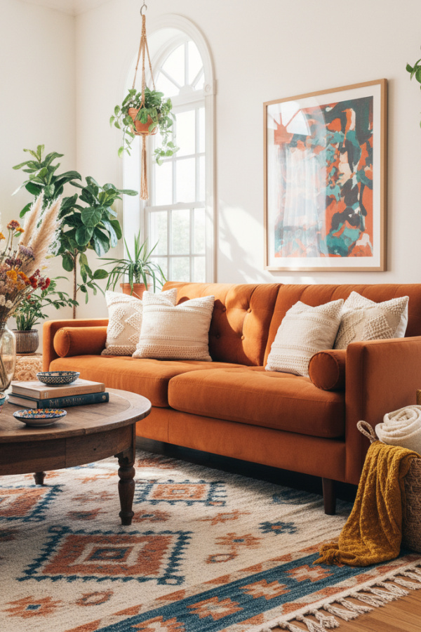 Living Room Couch, Rust Orange Velvet Sofa, Three Cream Pillows, Warm Wood Tones, Bright Bohemian Space