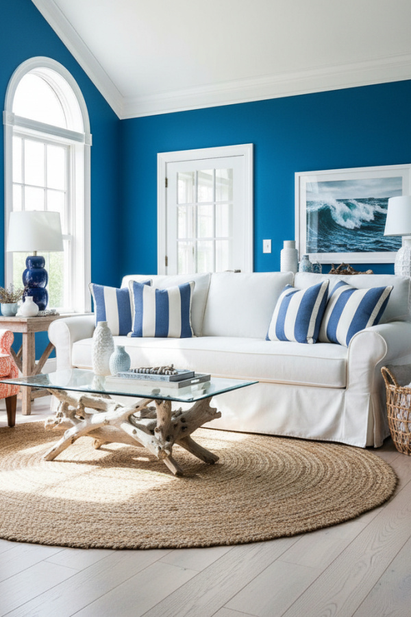 Living Room Couch, White Slipcovered Sofa, Four Blue Striped Pillows, Natural Jute Rug, Sunlit Home Office Space
