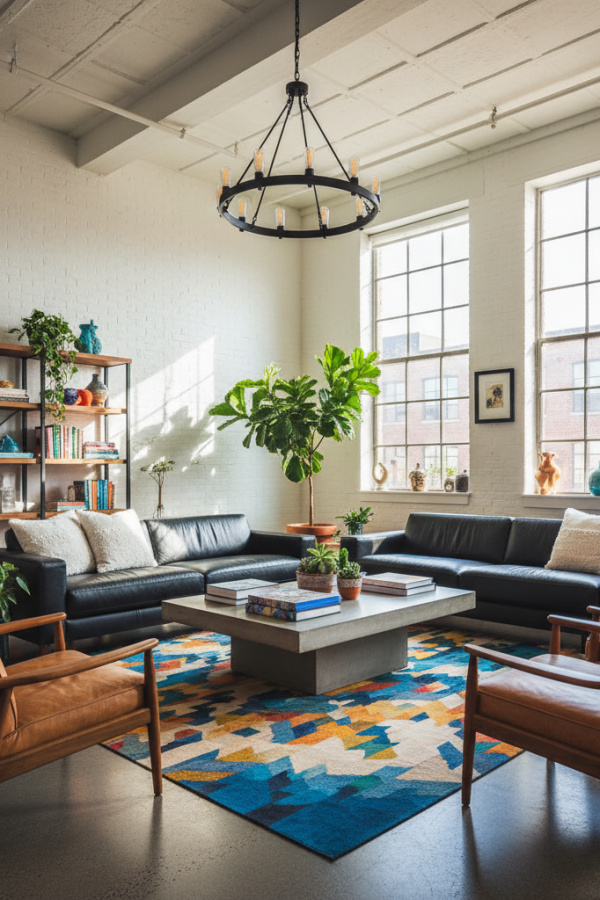 Living Room Couch, Black Leather Sofa, Two White Pillows, Concrete Coffee Table, Vibrant Industrial Space