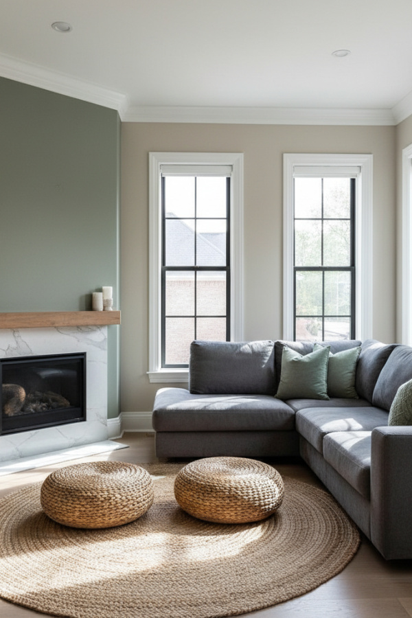 Living Room Soft Beige Walls, Crisp White Trim, Sage Green Accent Wall – Cozy Modern Retreat