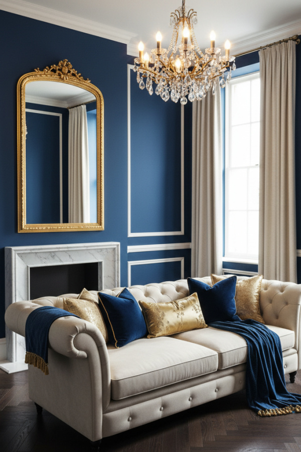 Living Room Navy Blue Walls, Cream Trim, Gold Accents – Bold Elegance
