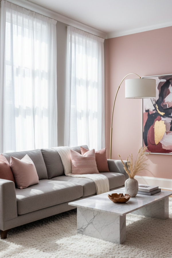 Living Room Warm Gray Walls, White Trim, Blush Pink Accent Wall – Soft Contemporary Charm
