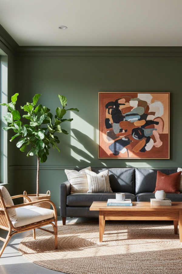 Living Room Olive Green Walls, Charcoal Trim, Off-White Ceiling – Earthy Modern Haven