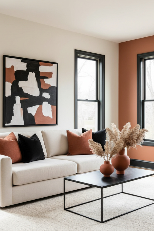 Living Room Creamy Ivory Walls, Black Trim, Terracotta Accent Wall – Warm Minimalist